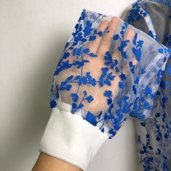 White Mesh See thru Blue Floral Bomber Jacket - Picture 5 of 6